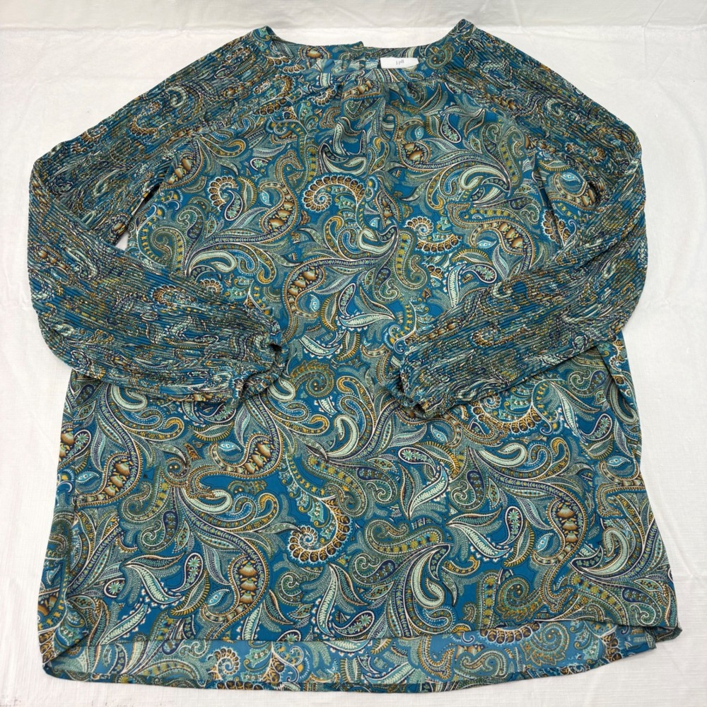 J. Jill Teal Paisley Pleated Long Sleeve Blouse Small Round Neck Button Back